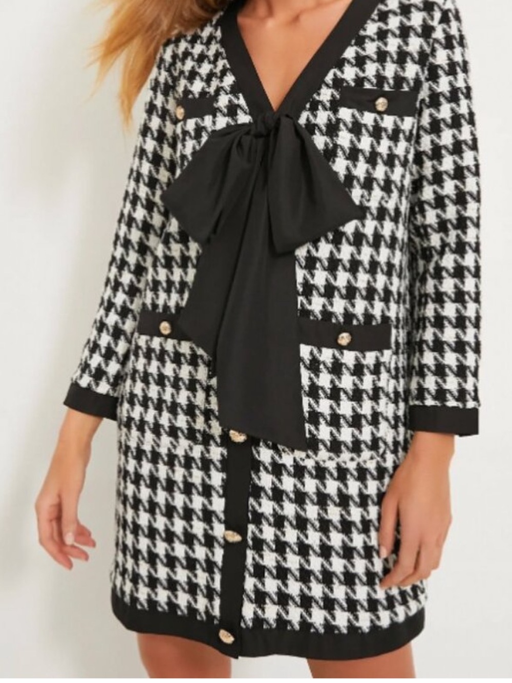 Pomander Place Black & White Houndstooth Tie-Neck Long Sleeve Dress